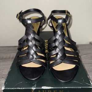 LAUREN RALPH LAUREN FRANCINE Black Leather Designer Platform Sandals 10